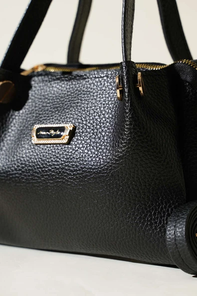 Üç Bölmeli Armalı Çanta Siyah - Resim 3