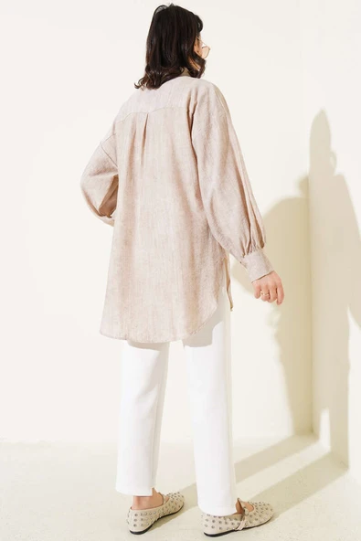 Kırışık Dokulu Basic Gömlek Bej - Resim 3