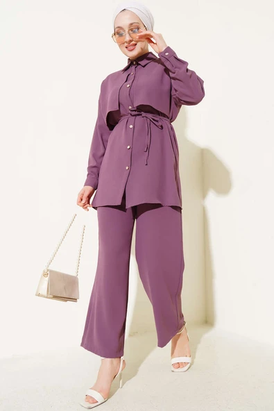 Pelerin Parçalı İp Kuşaklı İkili Takım Magenta ürün görseli 1