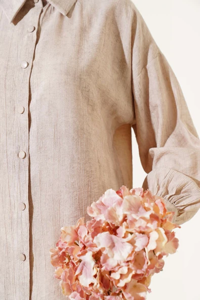 Kırışık Dokulu Basic Gömlek Bej - Resim 4