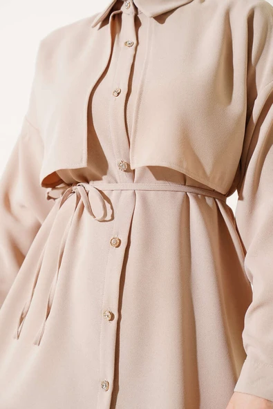 Pelerin Parçalı İp Kuşaklı İkili Takım Bej - Resim 4