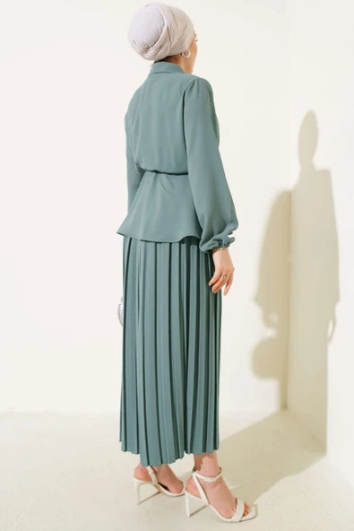 Bel Lastikli Bağlamalı Pilise Etekli Takım Mint - Resim 3