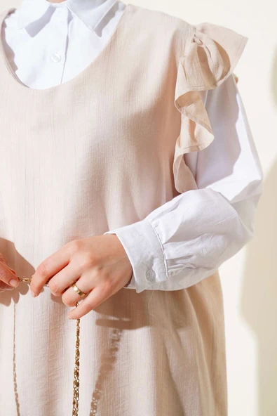 Omuz Fırfırlı Süveterli Üçlü Takım Bej - Resim 4