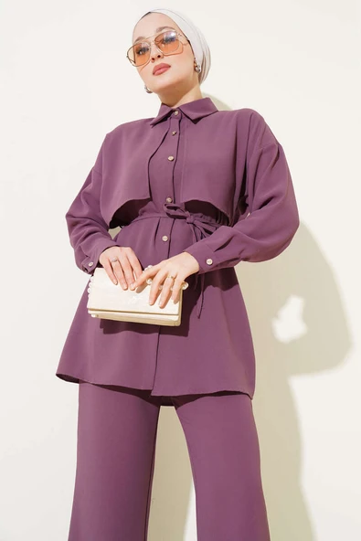 Pelerin Parçalı İp Kuşaklı İkili Takım Magenta - Resim 2