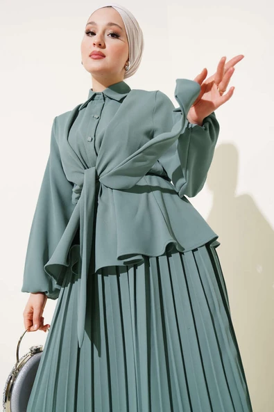 Bel Lastikli Bağlamalı Pilise Etekli Takım Mint - Resim 2