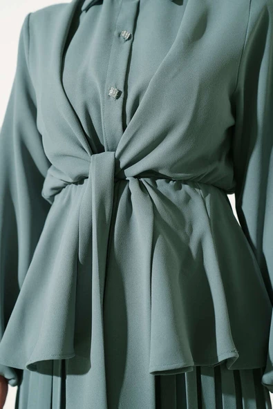 Bel Lastikli Bağlamalı Pilise Etekli Takım Mint - Resim 4