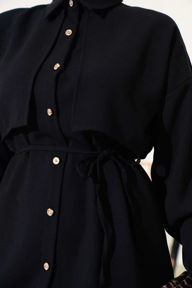 Pelerin Parçalı İp Kuşaklı İkili Takım Siyah - Resim 4