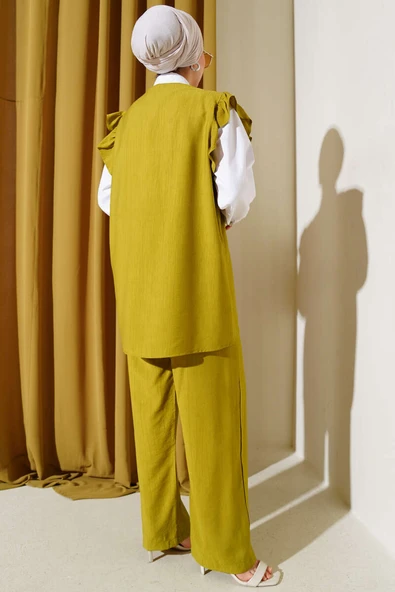 Omuz Fırfırlı Süveterli Üçlü Takım Yağ Yeşili - Resim 3