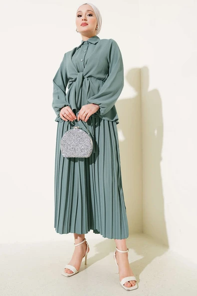 Bel Lastikli Bağlamalı Pilise Etekli Takım Mint ürün görseli 1