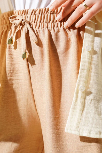 Beli Lastikli Geniş Paçalı Pantolon Camel - Resim 4