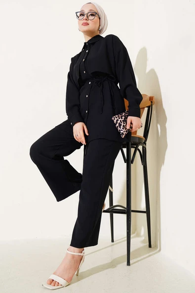 Pelerin Parçalı İp Kuşaklı İkili Takım Siyah - Resim 2