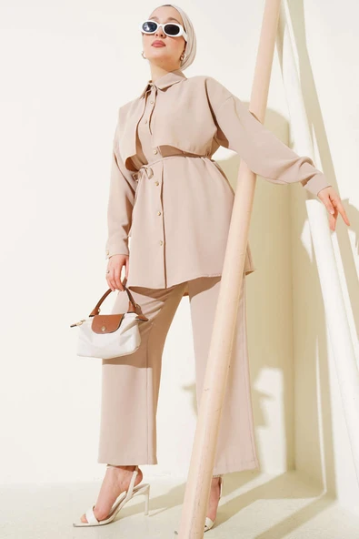 Pelerin Parçalı İp Kuşaklı İkili Takım Bej ürün görseli 1