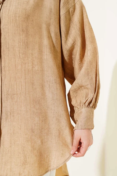 Kırışık Dokulu Basic Gömlek Latte - Resim 4