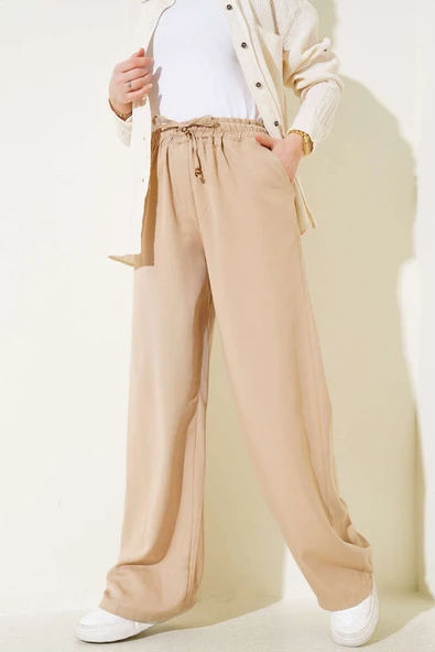 Bel Lastikli İpli Palazzo Pantolon Bej ürün görseli 1