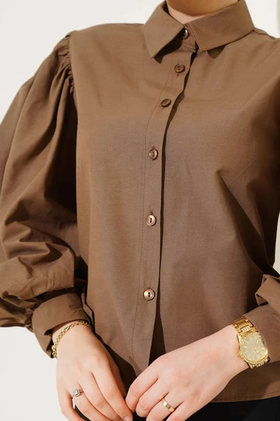 Balon Kol Kısa Gömlek Kahve - Resim 4