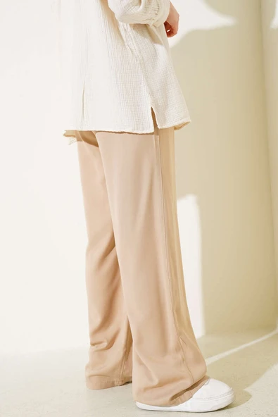 Bel Lastikli İpli Palazzo Pantolon Bej - Resim 3