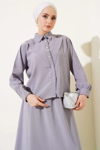 V Dikişli Etekli İkili Takım Gri - Resim 2