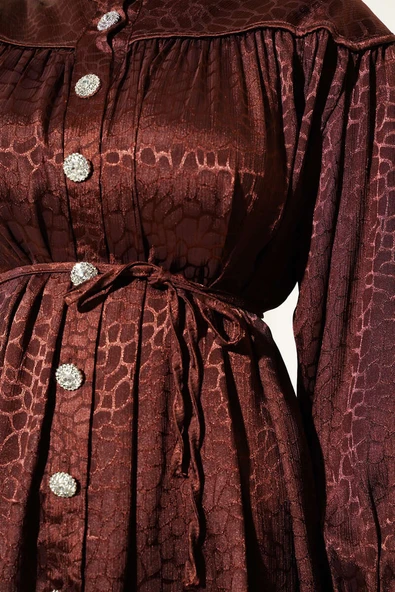 Taş Düğmeli Desenli Jakar İkili Takım Kahve - Resim 4