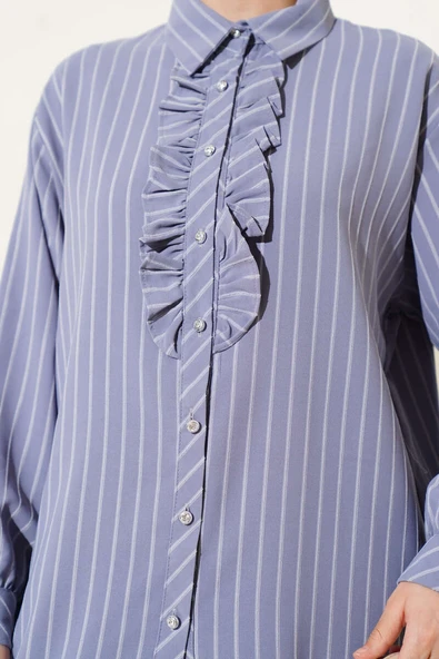 Fırfır Detaylı Taş Düğmeli Çizgili Gömlek Gri - Resim 4