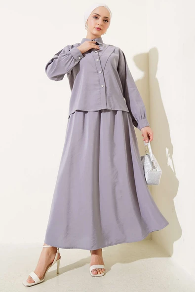 V Dikişli Etekli İkili Takım Gri ürün görseli 1