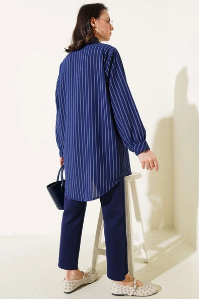 Fırfır Detaylı Taş Düğmeli Çizgili Gömlek Lacivert - Resim 3