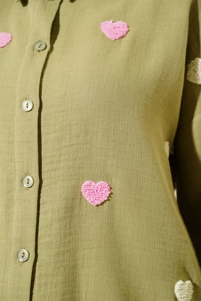 Kalp Nakışlı Keten Gömlek Haki - Resim 4