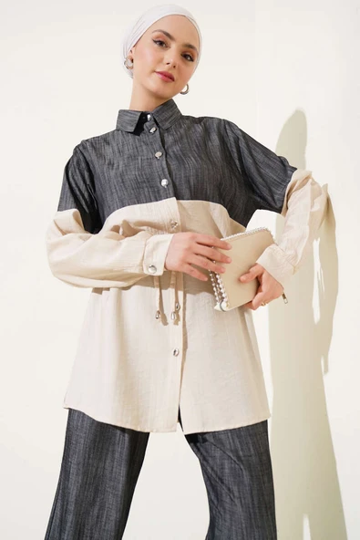 Bel Tünelli Kot Garnili İkili Takım Bej - Resim 2