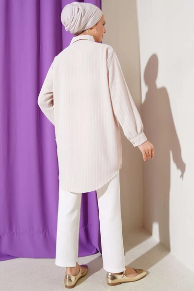 Fırfır Detaylı Taş Düğmeli Çizgili Gömlek Bej - Resim 3