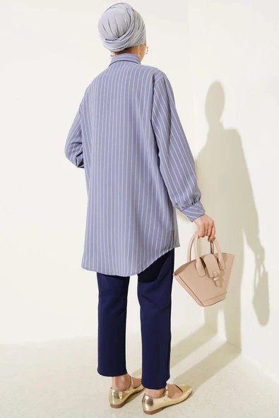 Fırfır Detaylı Taş Düğmeli Çizgili Gömlek Gri - Resim 3