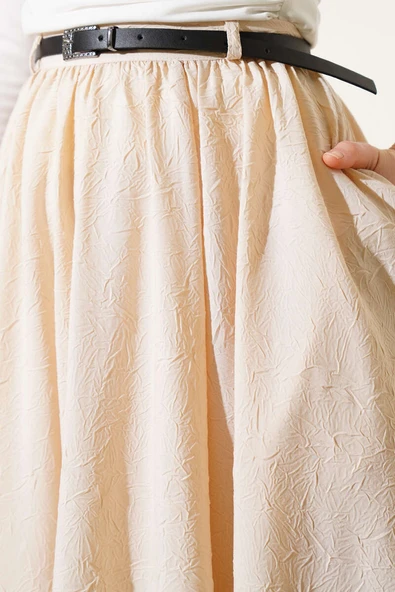 Bel Fermuarlı Kemerli Kraş Etek Bej - Resim 4