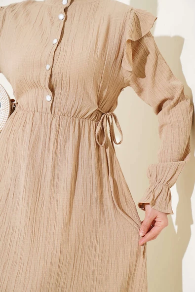 Omuz Fırfırlı Yan İp Bağcıklı Elbise Bej - Resim 4