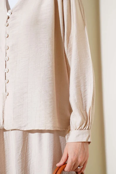 Brit Düğmeli Etekli İkili Takım Bej - Resim 4