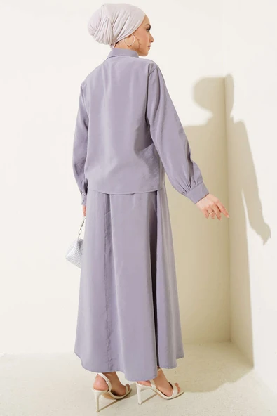 V Dikişli Etekli İkili Takım Gri - Resim 3