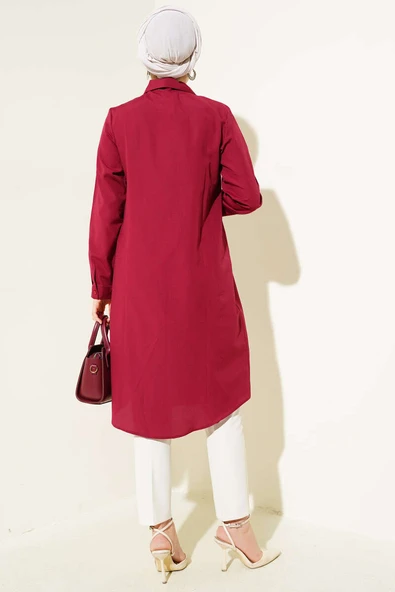 Uzun Model Klasik Yaka Tunik Bordo - Resim 3