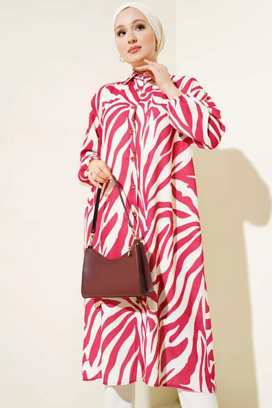 Zebra Desenli Uzun Gömlek Bordo