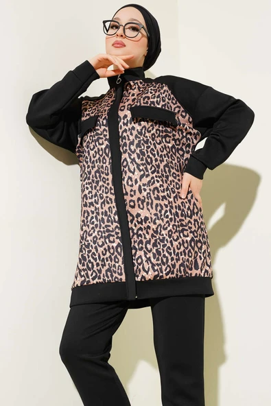 Leopar Desenli Fermuarlı Scuba İkili Takım Camel - 2
