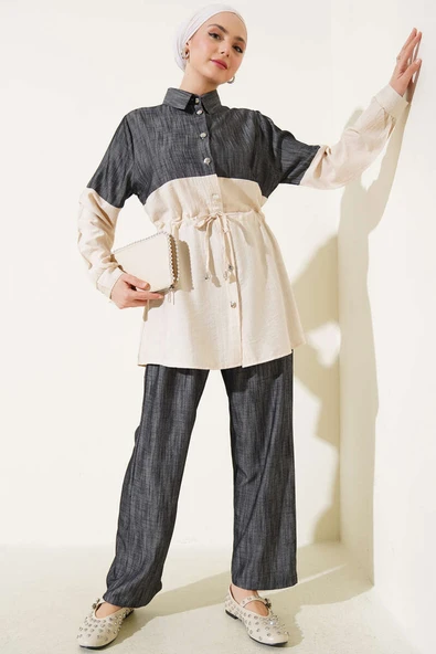 Bel Tünelli Kot Garnili İkili Takım Bej ürün görseli 1