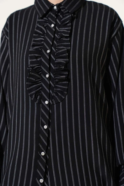 Fırfır Detaylı Taş Düğmeli Çizgili Gömlek Siyah - Resim 4