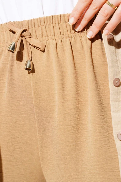 Bel Lastikli Geniş Paça Ayrobin Pantolon Latte - 4