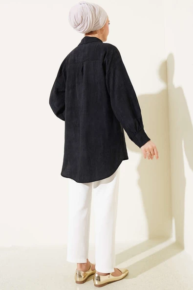 Kırışık Dokulu Basic Gömlek Siyah - Resim 3