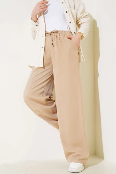 Bel Lastikli İpli Palazzo Pantolon Bej - Resim 2