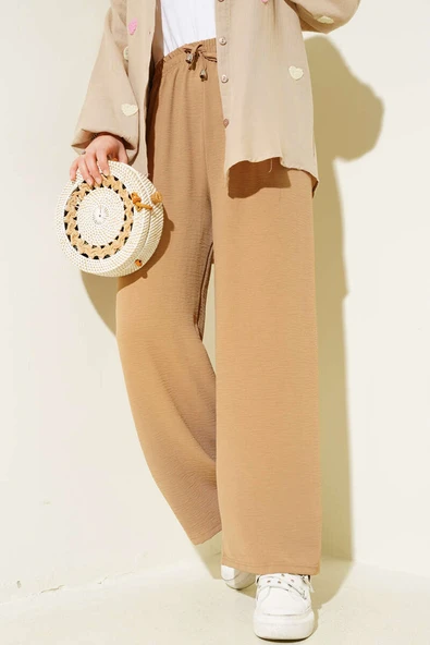 Bel Lastikli Geniş Paça Ayrobin Pantolon Latte - 2
