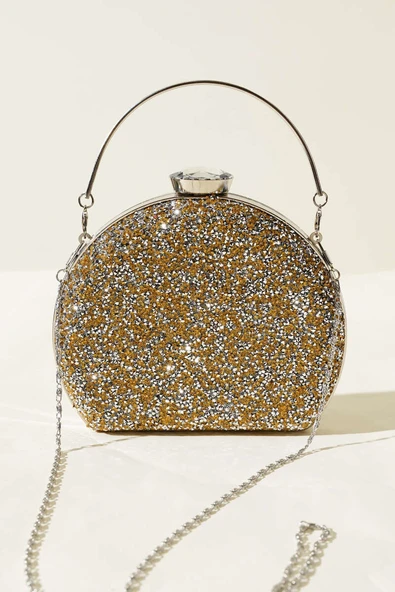 Taşlı Oval Abiye Çanta Sarı - Resim 2