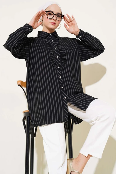 Fırfır Detaylı Taş Düğmeli Çizgili Gömlek Siyah ürün görseli 1