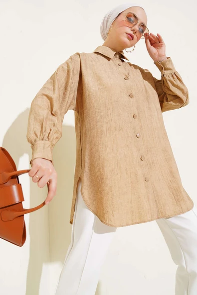 Kırışık Dokulu Basic Gömlek Latte ürün görseli 1