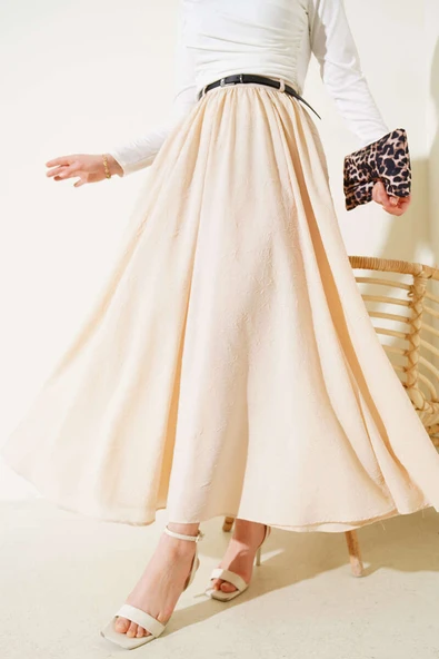 Bel Fermuarlı Kemerli Kraş Etek Bej ürün görseli 1