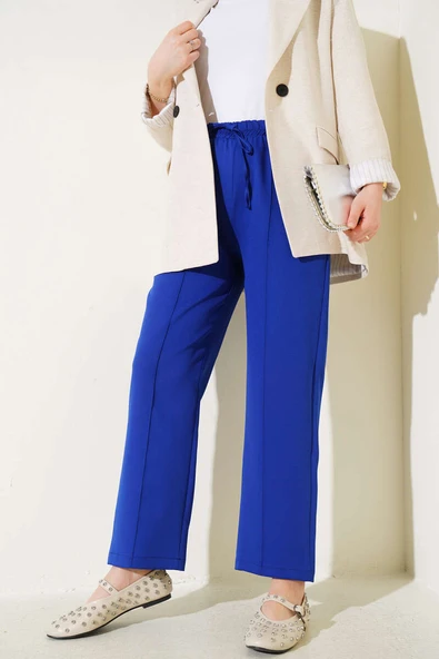 Bel Lastikli Çımalı Bol Paça Pantolon Saks ürün görseli 1