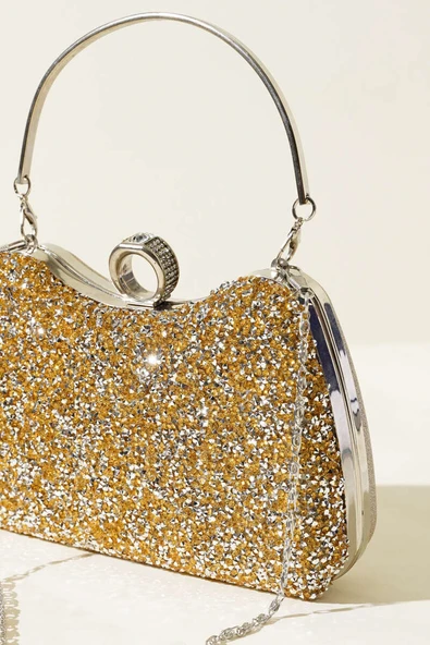 Yüzüklü Taşlı Abiye Çanta Sarı Beyaz - Resim 3