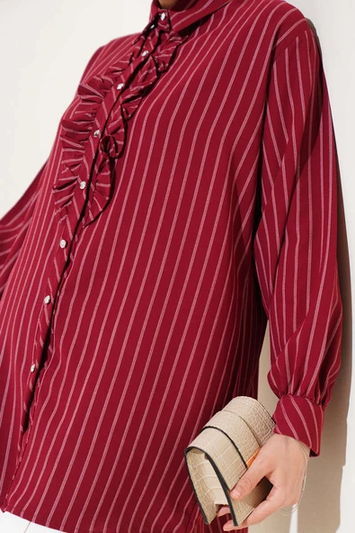 Fırfır Detaylı Taş Düğmeli Çizgili Gömlek Bordo - 4