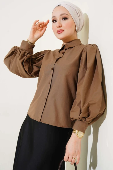 Balon Kol Kısa Gömlek Kahve - Resim 2